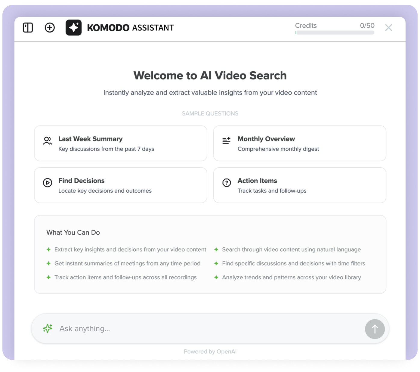 Kommodo Assistant dashboard: Search and filter video library